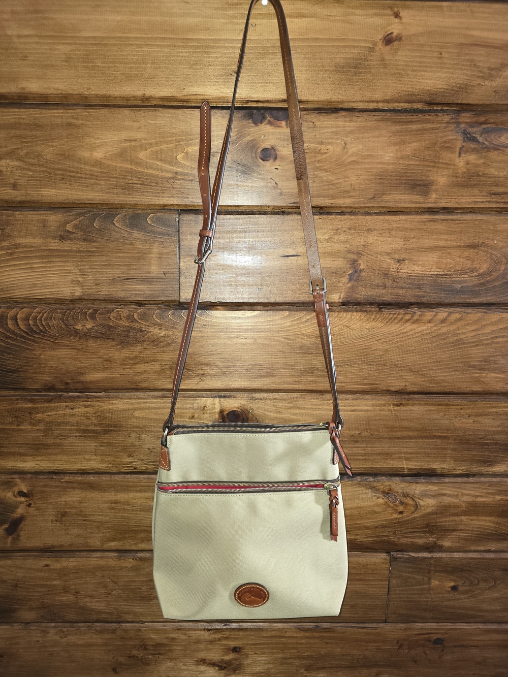 Dooney & Bourke Beige Nylon Crossbody with Brown Leather Trim